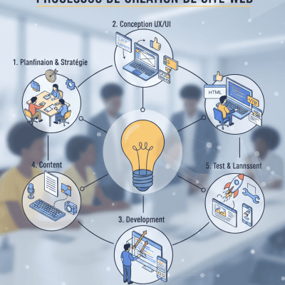 Illustration du processus de création de site web avec UX/UI, développement, contenu et maintenance.